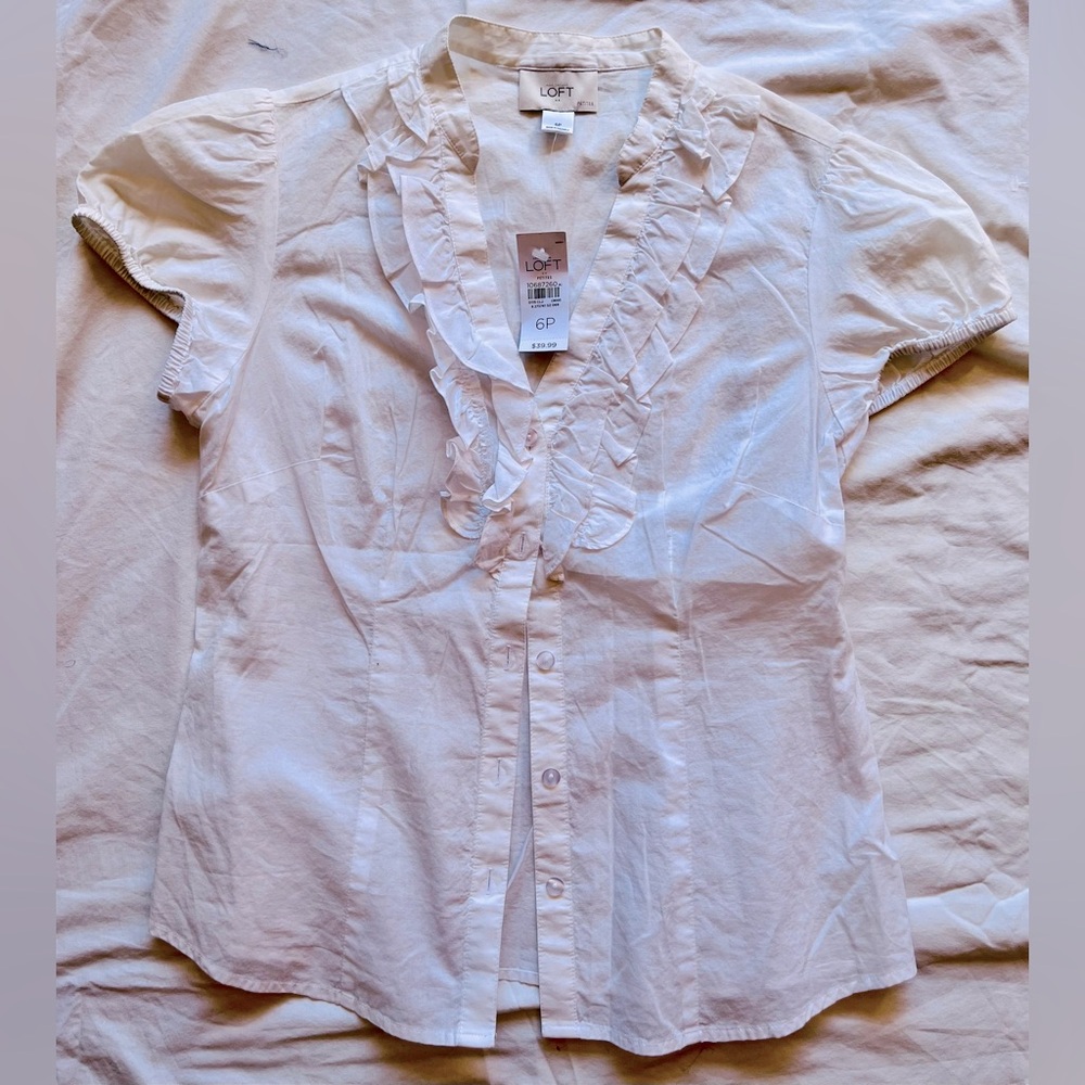 Ann Taylor Loft white ruffle short sleeve button up